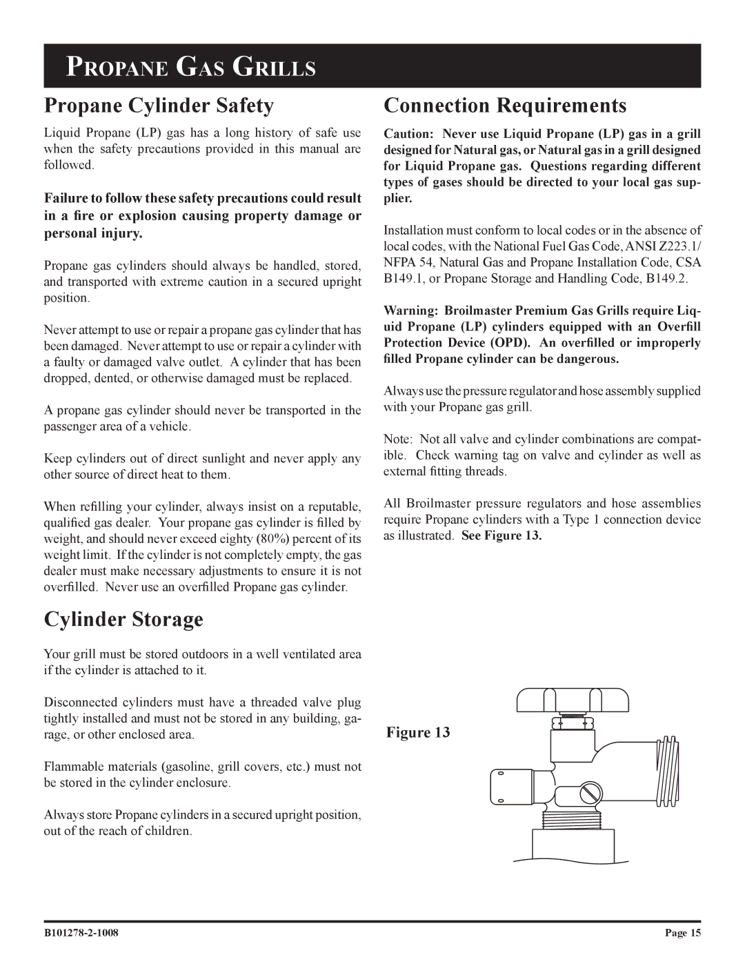 Broilmaster R3B-1, R3N-1, R3-1, R3BN-1 owner manual Propane Cylinder Safety, Cylinder Storage, Connection Requirements 