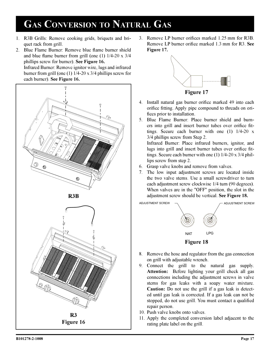 Broilmaster R3-1, R3N-1, R3BN-1, R3B-1 owner manual GAS Conversion to Natural GAS 