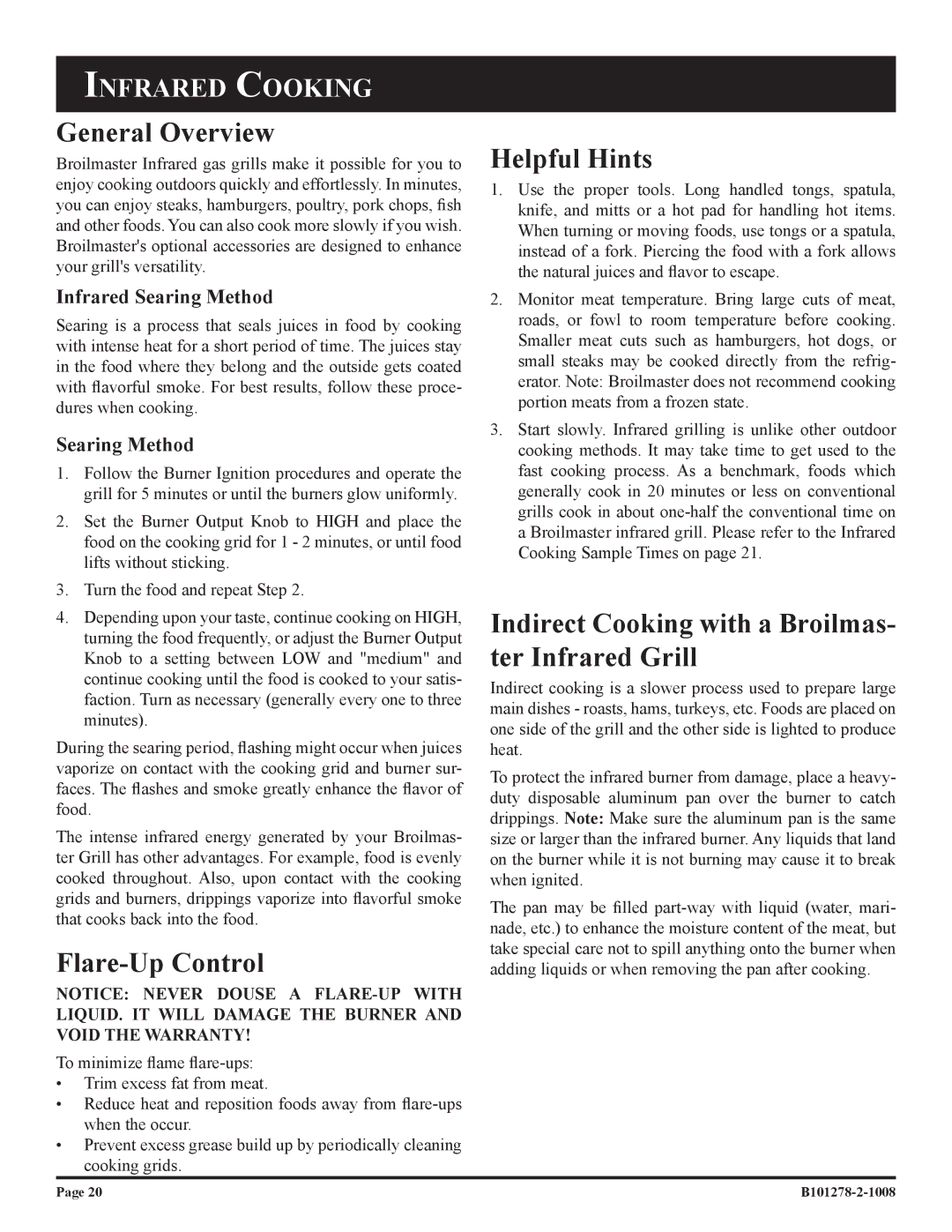 Broilmaster R3N-1 General Overview, Flare-Up Control, Helpful Hints, Indirect Cooking with a Broilmas- ter Infrared Grill 