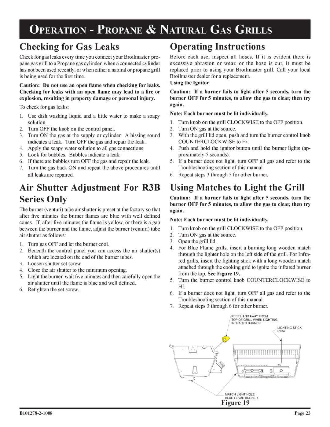 Broilmaster R3B-1, R3N-1, R3-1 Checking for Gas Leaks, Operating Instructions, Air Shutter Adjustment For R3B Series Only 