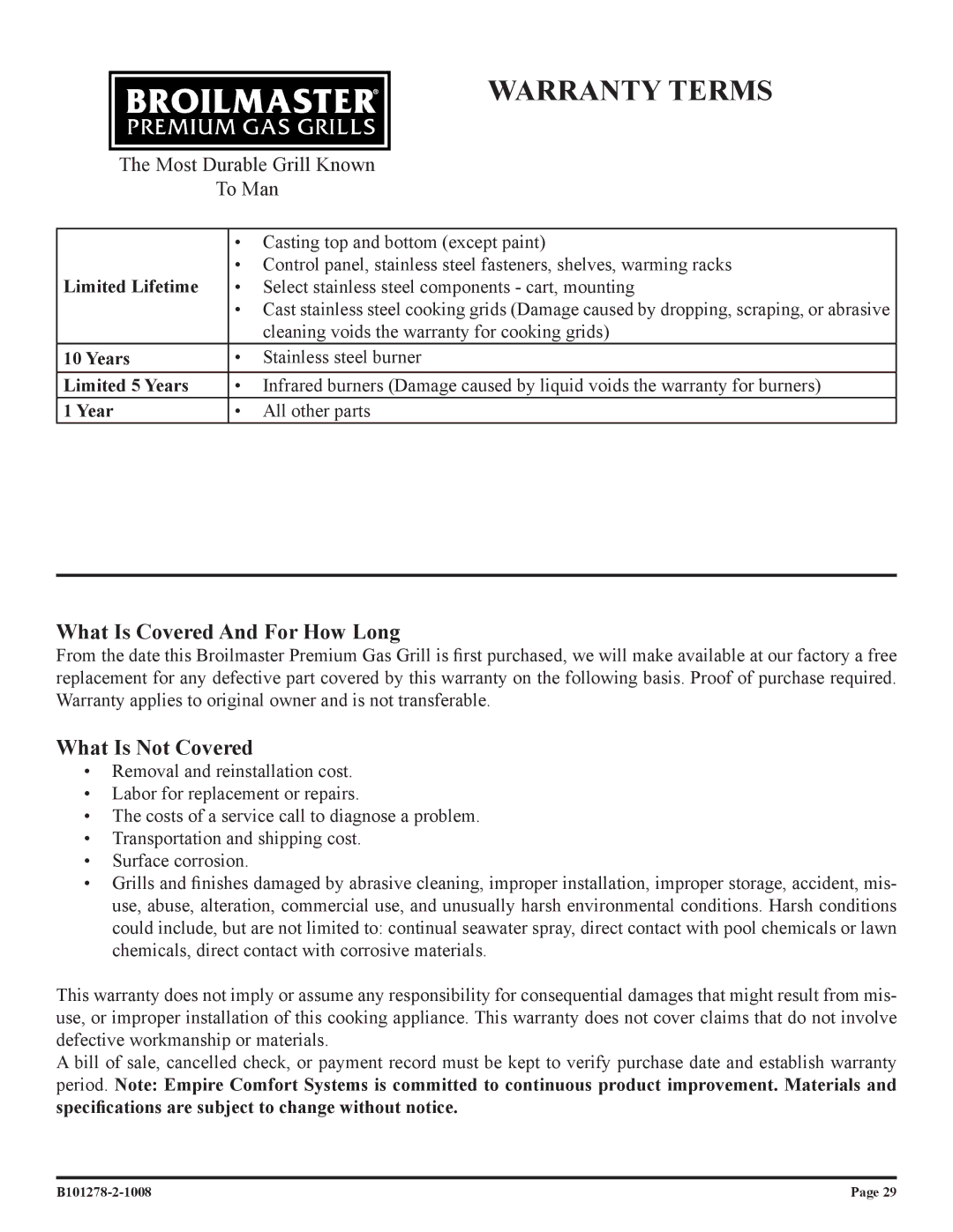 Broilmaster R3-1, R3N-1, R3BN-1, R3B-1 owner manual Warranty Terms 