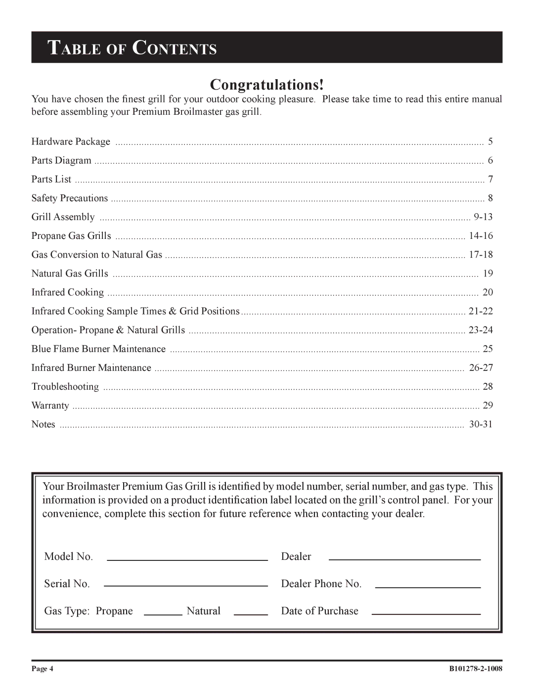 Broilmaster R3N-1, R3-1, R3BN-1, R3B-1 owner manual Congratulations, Table of Contents 