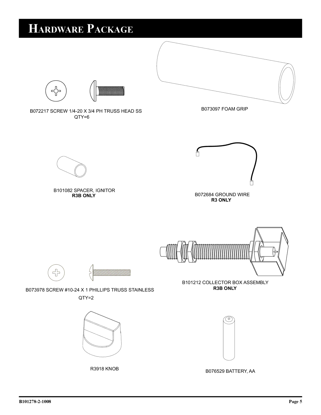 Broilmaster R3-1, R3N-1, R3BN-1, R3B-1 owner manual Hardware Package, R3B only 