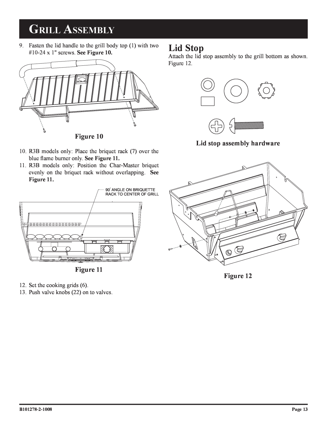 Broilmaster R3-1, R3N-1, R3BN-1, R3B-1 owner manual Lid Stop, Grill Assembly, Lid stop assembly hardware 