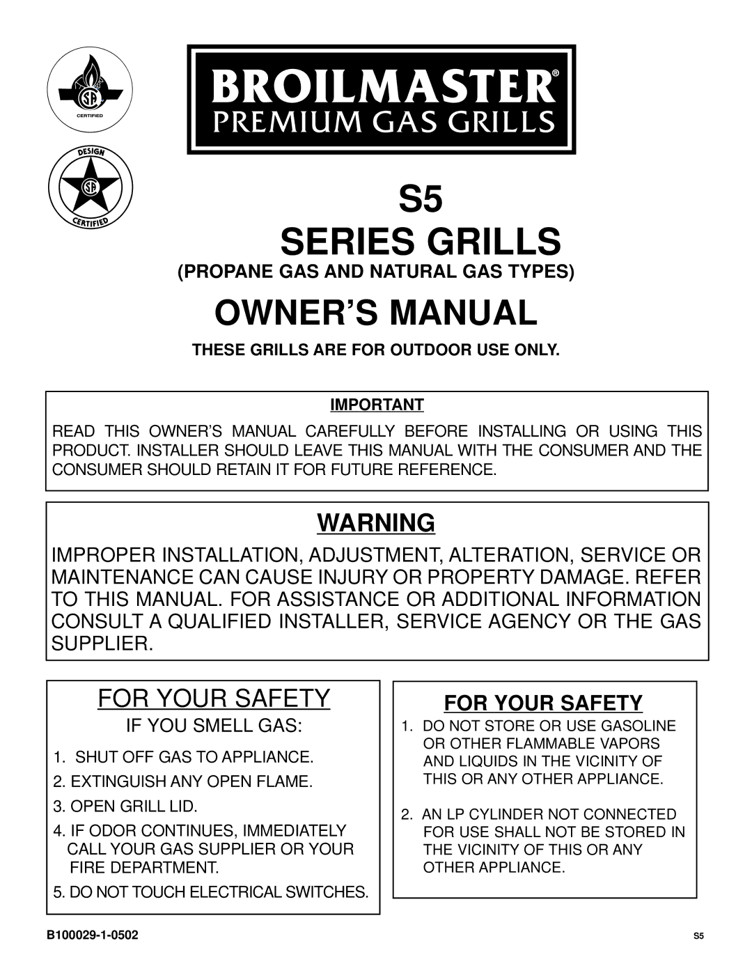 Broilmaster S5 SERIES GRILL owner manual Series Grills 