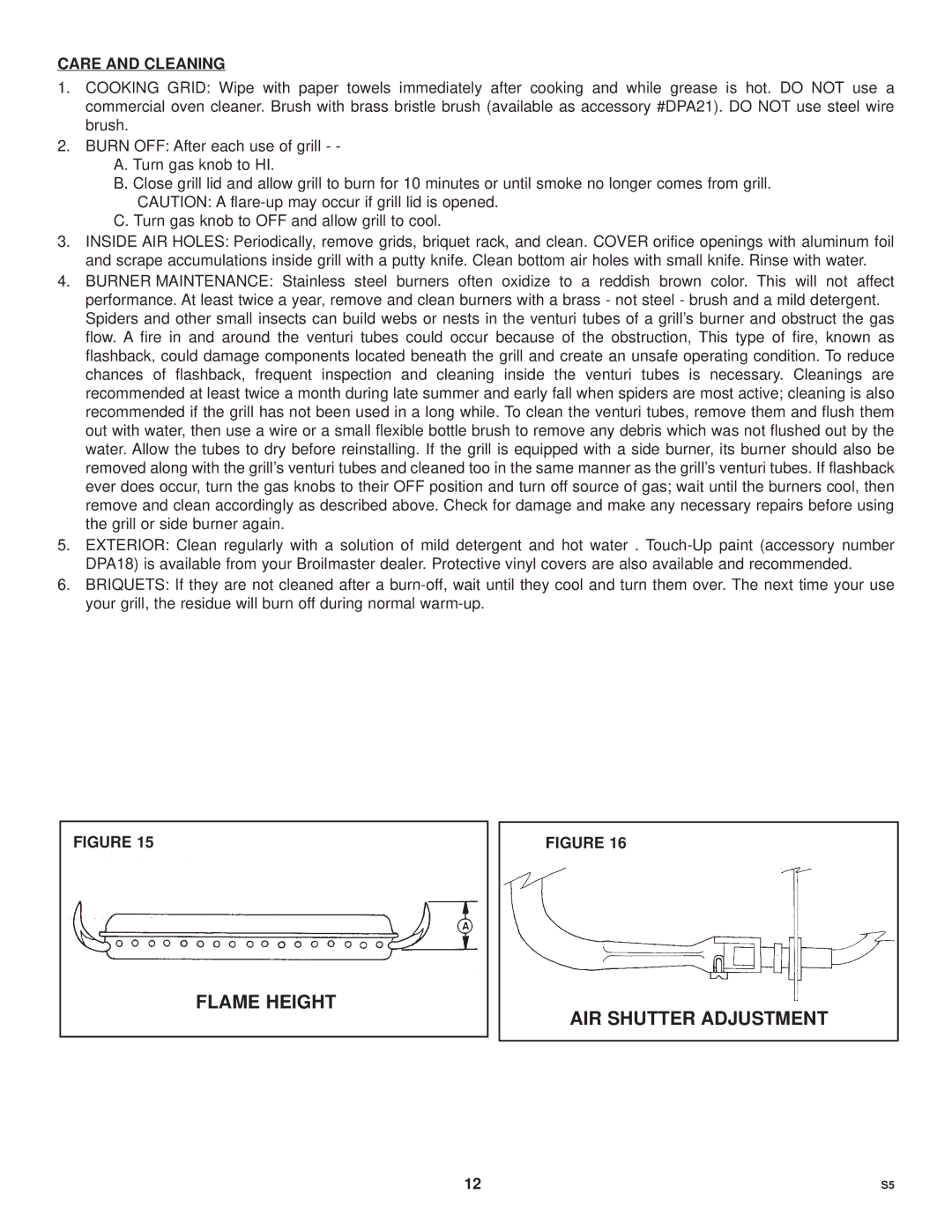 Broilmaster S5 SERIES GRILL owner manual Flame Height AIR Shutter Adjustment, Care and Cleaning 