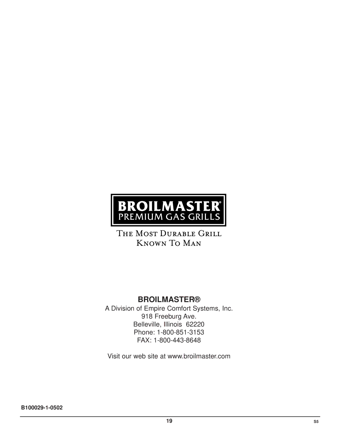 Broilmaster S5 SERIES GRILL owner manual Broilmaster 