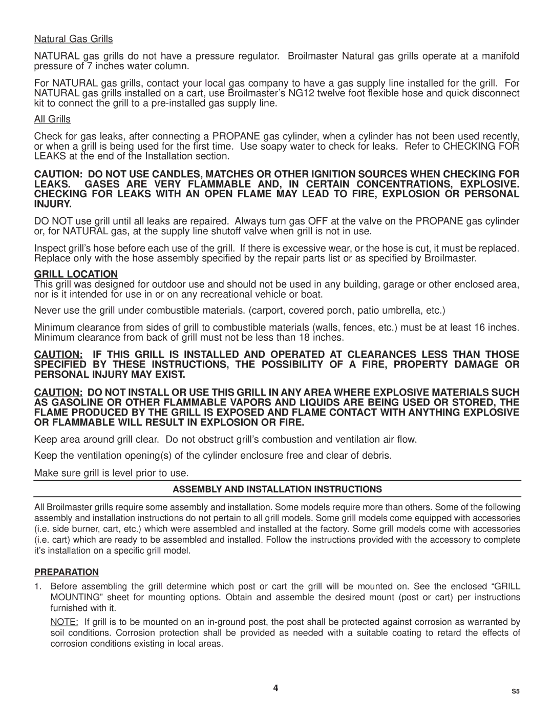 Broilmaster S5 SERIES GRILL owner manual Assembly and Installation Instructions, Preparation 