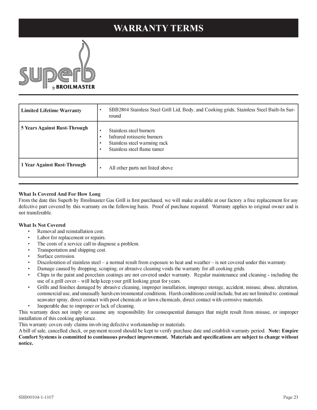 Broilmaster SBB 2804 owner manual Warranty Terms 