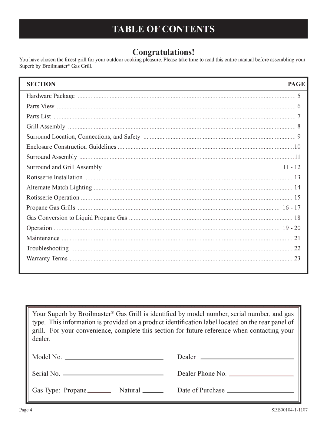 Broilmaster SBB 2804 owner manual Table of Contents 