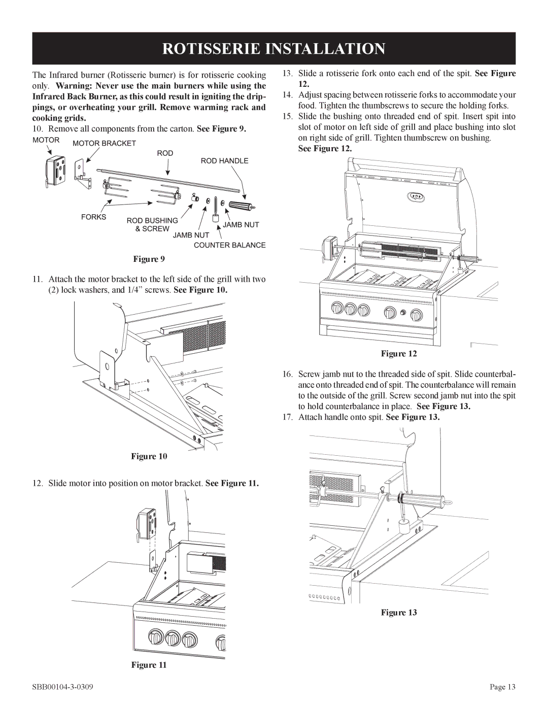 Broilmaster SBB2804-1 owner manual Rotisserie Installation 