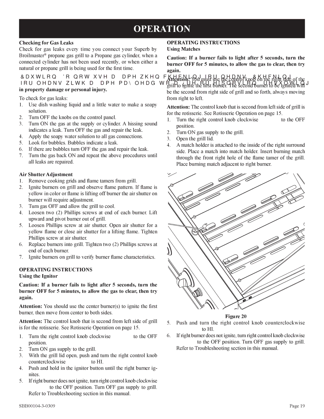 Broilmaster SBB2804-1 Operation, Checking for Gas Leaks, Air Shutter Adjustment, Operating Instructions Using the Ignitor 