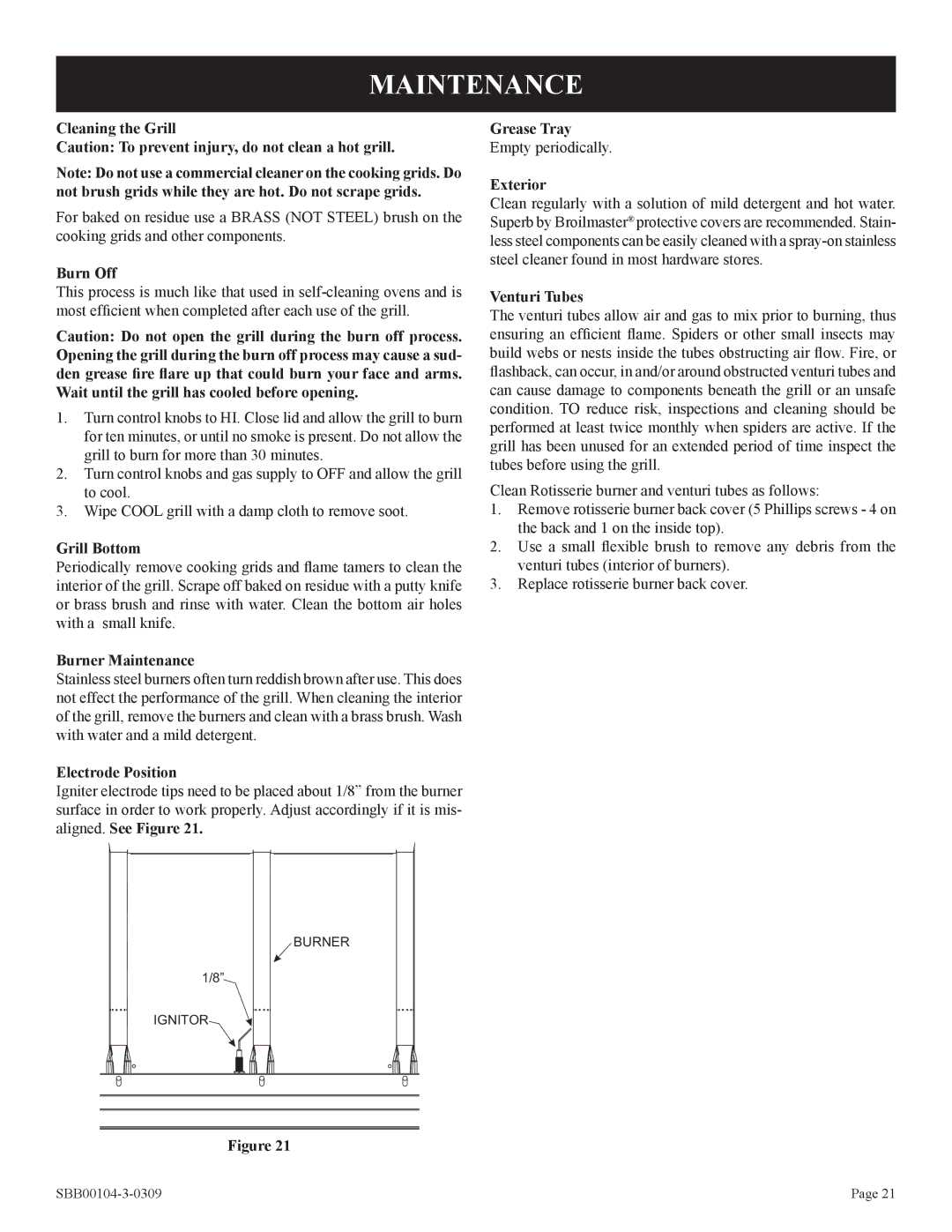 Broilmaster SBB2804-1 owner manual Maintenance 