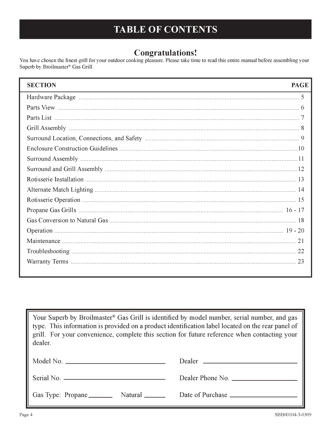 Broilmaster SBB2804-1 owner manual Table of Contents 