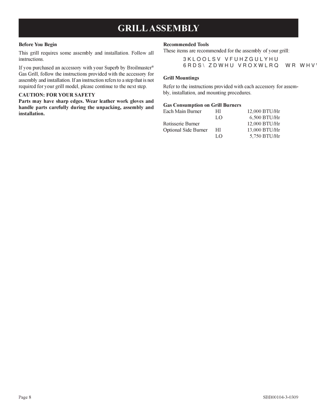 Broilmaster SBB2804-1 owner manual Grill Assembly, Before You Begin, Grill Mountings, Gas Consumption on Grill Burners 