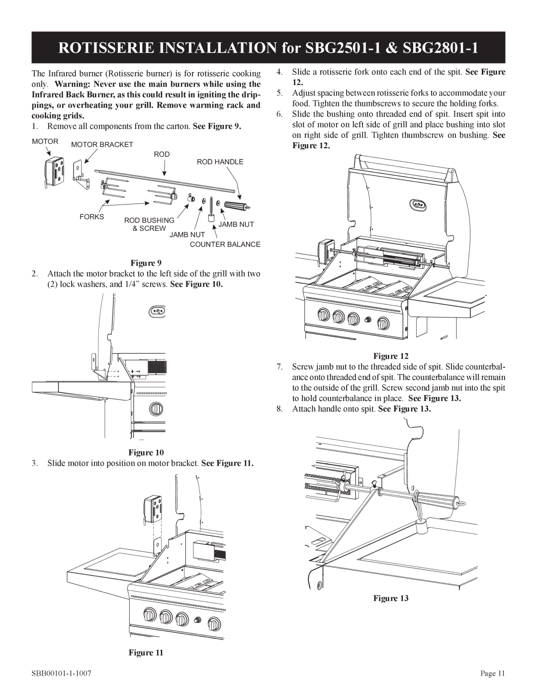 Broilmaster SBG2500-1 manual Rotisserie Installation for SBG2501-1 & SBG2801-1 