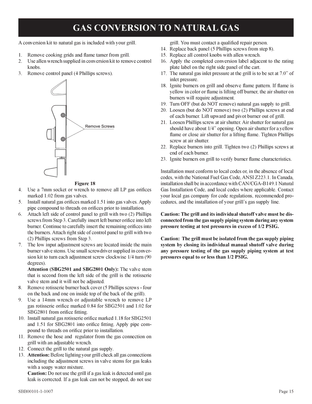 Broilmaster SBG2501-1, SBG2500-1, SBG2801-1 manual GAS Conversion to Natural GAS 