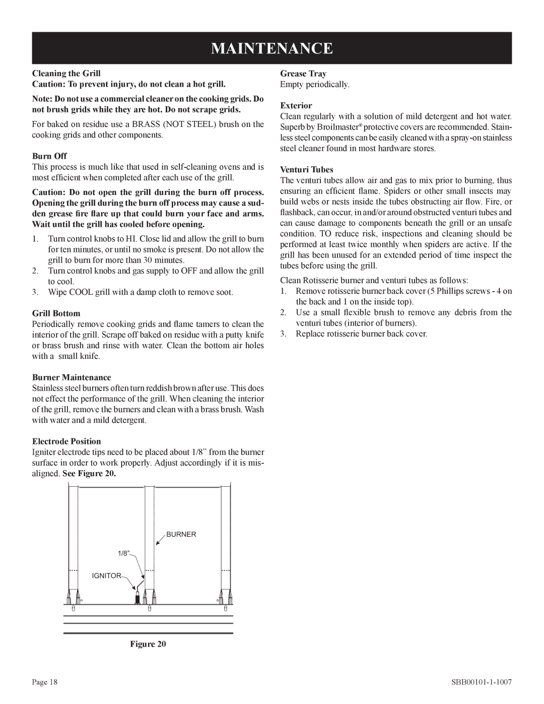 Broilmaster SBG2501-1, SBG2500-1, SBG2801-1 manual Maintenance 