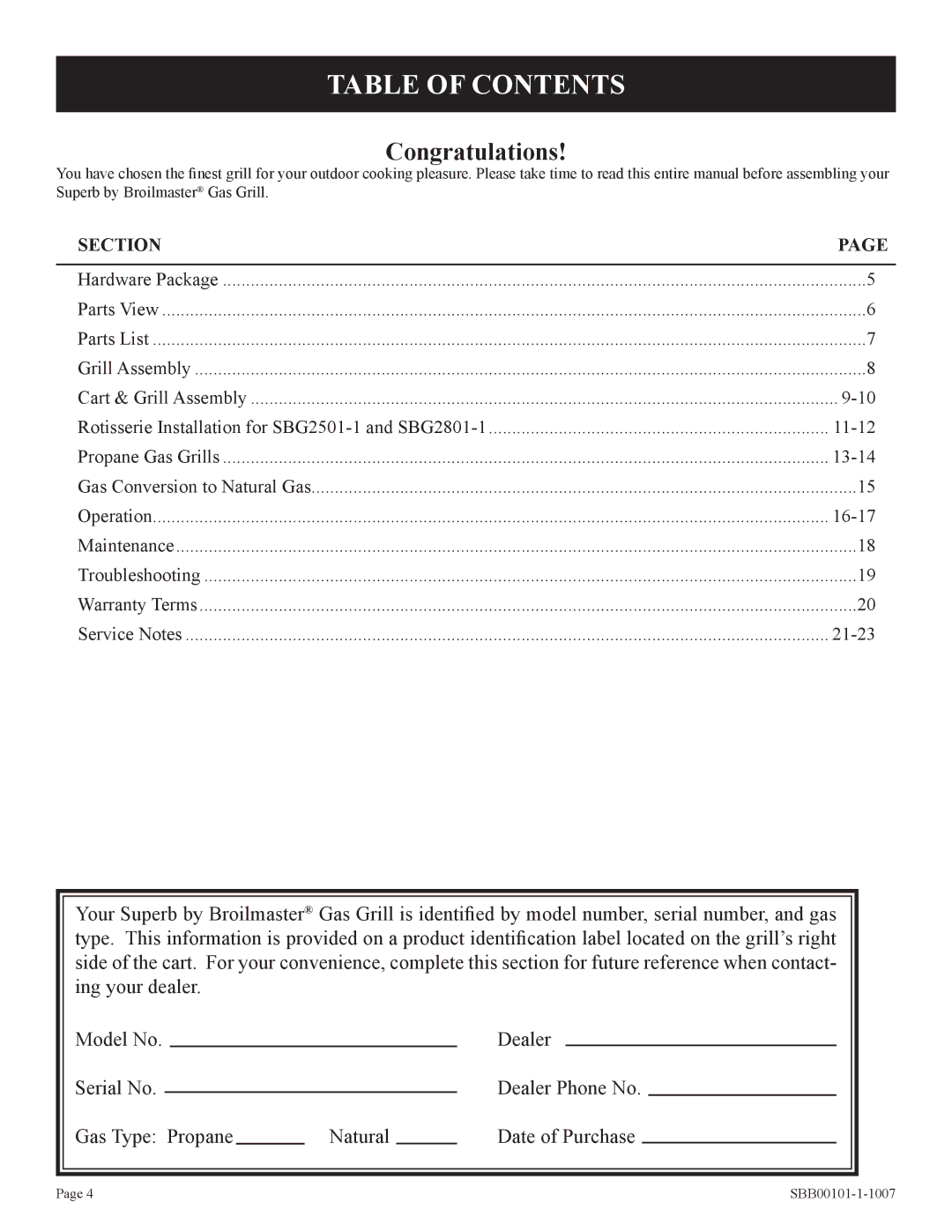 Broilmaster SBG2500-1, SBG2501-1, SBG2801-1 manual Table of Contents 