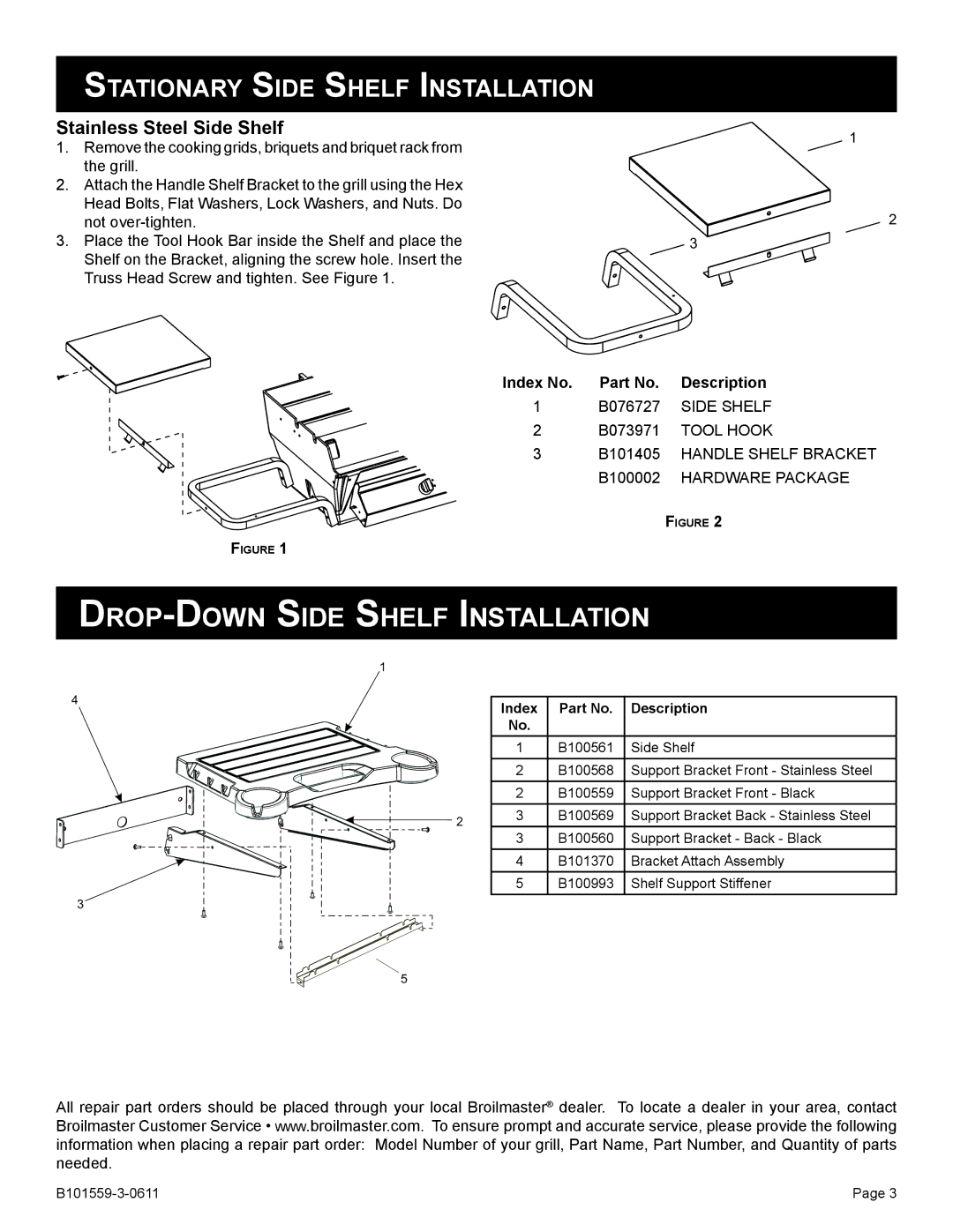 Broilmaster SKSS2-1, SKFB2-1, SKFPB2-1 owner manual Stationary Side Shelf Installation, Stainless Steel Side Shelf 