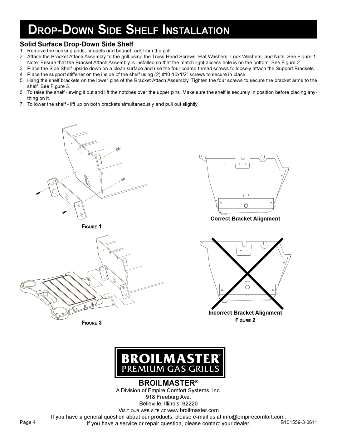 Broilmaster SKFB2-1, SKSS2-1, SKFPB2-1 owner manual Broilmaster, Solid Surface Drop-Down Side Shelf 