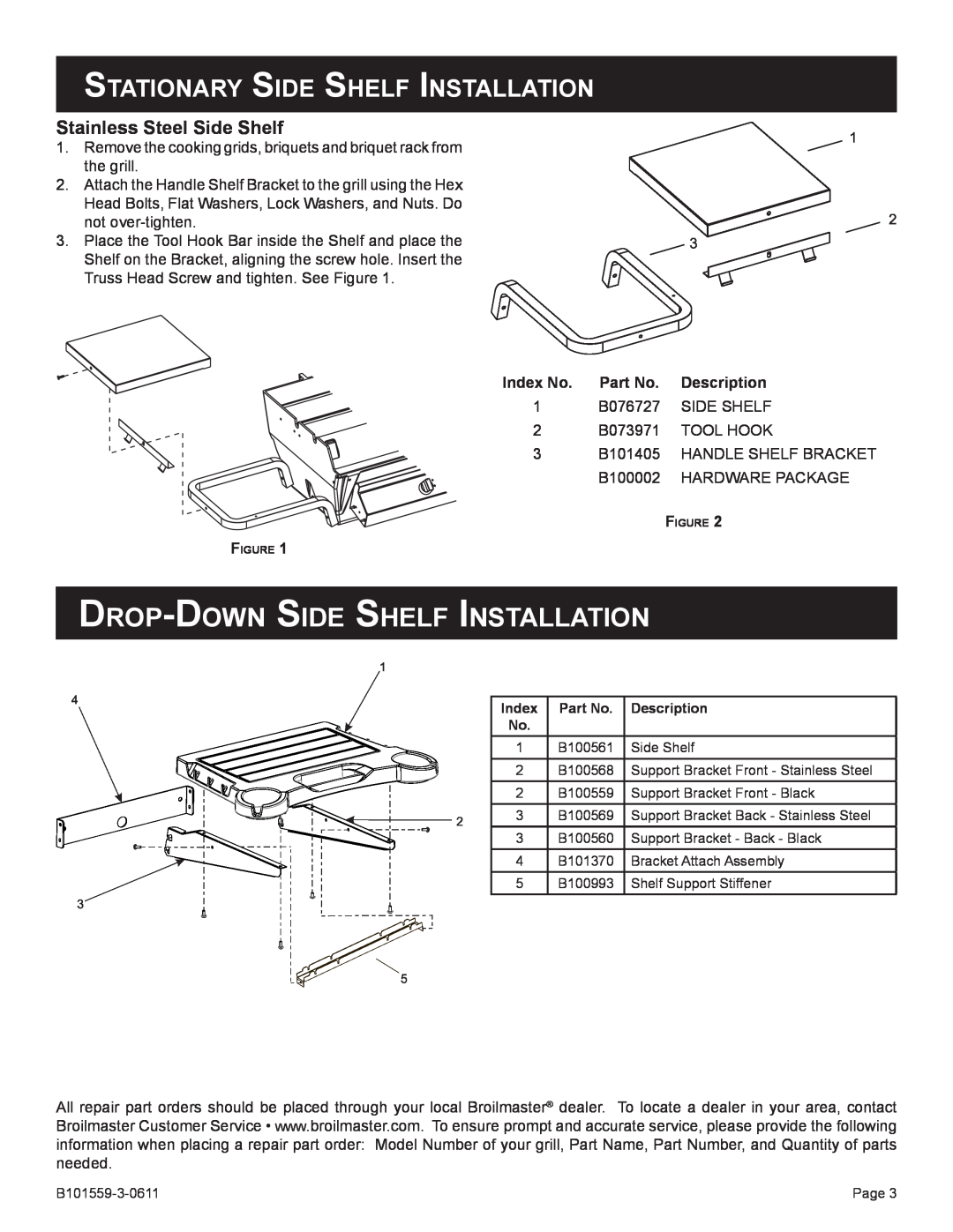 Broilmaster SKSS2-1 Drop-Down Side Shelf Installation, Stationary Side Shelf Installation, Stainless Steel Side Shelf 