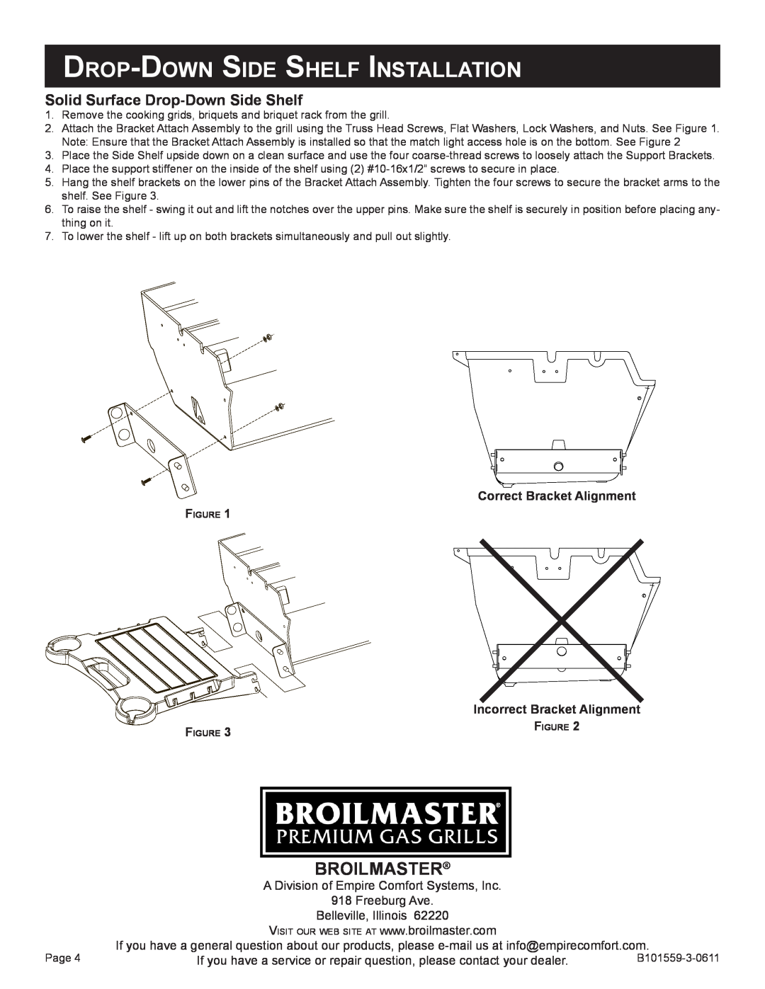 Broilmaster SKFB2-1, SKSS2-1, SKFPB2-1 Broilmaster, Solid Surface Drop-Down Side Shelf, Drop-Down Side Shelf Installation 