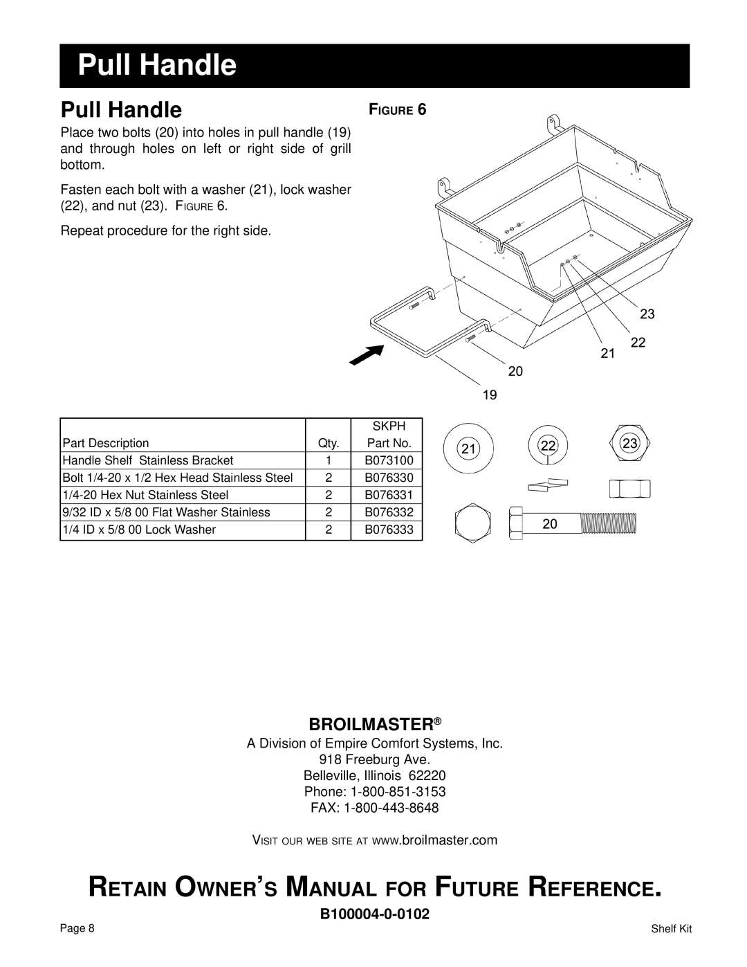 Broilmaster FKWOOD, SKTAU, SKWOOD, SKCHAR, FKCHAR, SKPH, SKSS, FKSS, FKTAU owner manual Pull Handle 