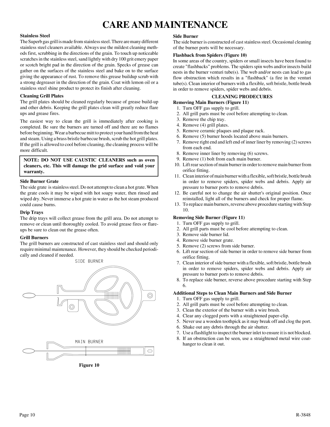 Broilmaster SSG-36 installation instructions Care and Maintenance, Cleaning Prodecures 