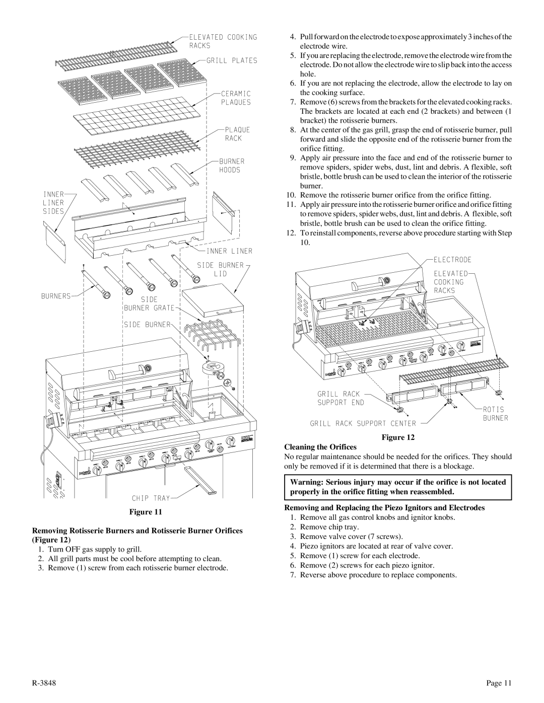 Broilmaster SSG-36 Cleaning the Orifices, Removing and Replacing the Piezo Ignitors and Electrodes 