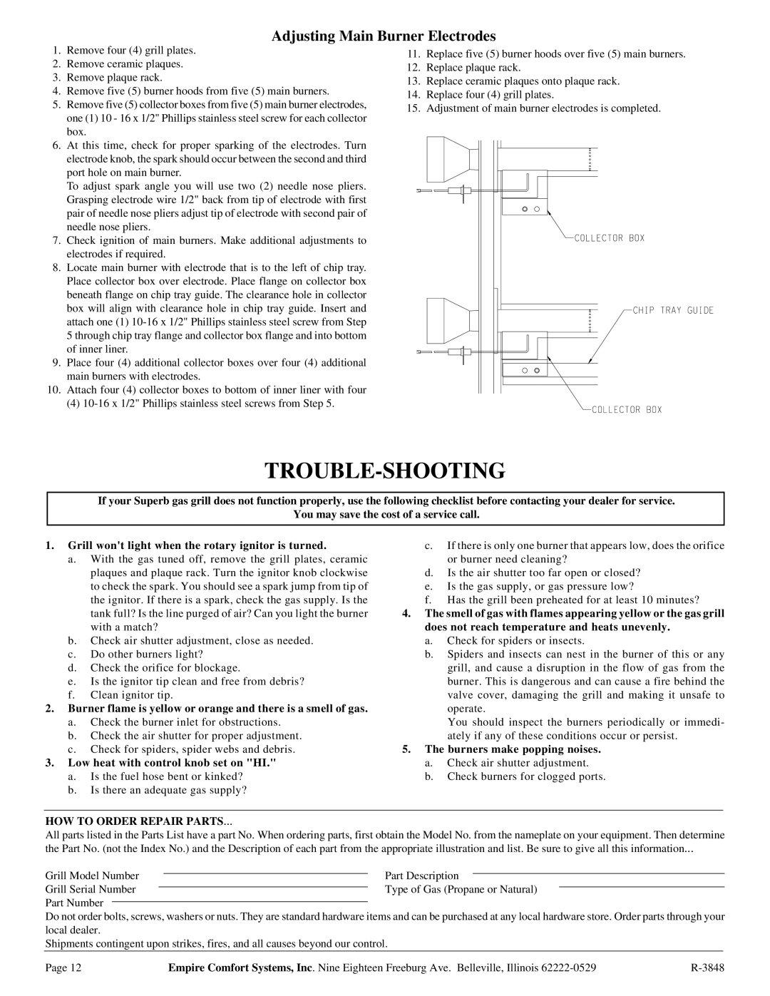 Broilmaster SSG-36 Trouble-Shooting, Low heat with control knob set on HI, Burners make popping noises 