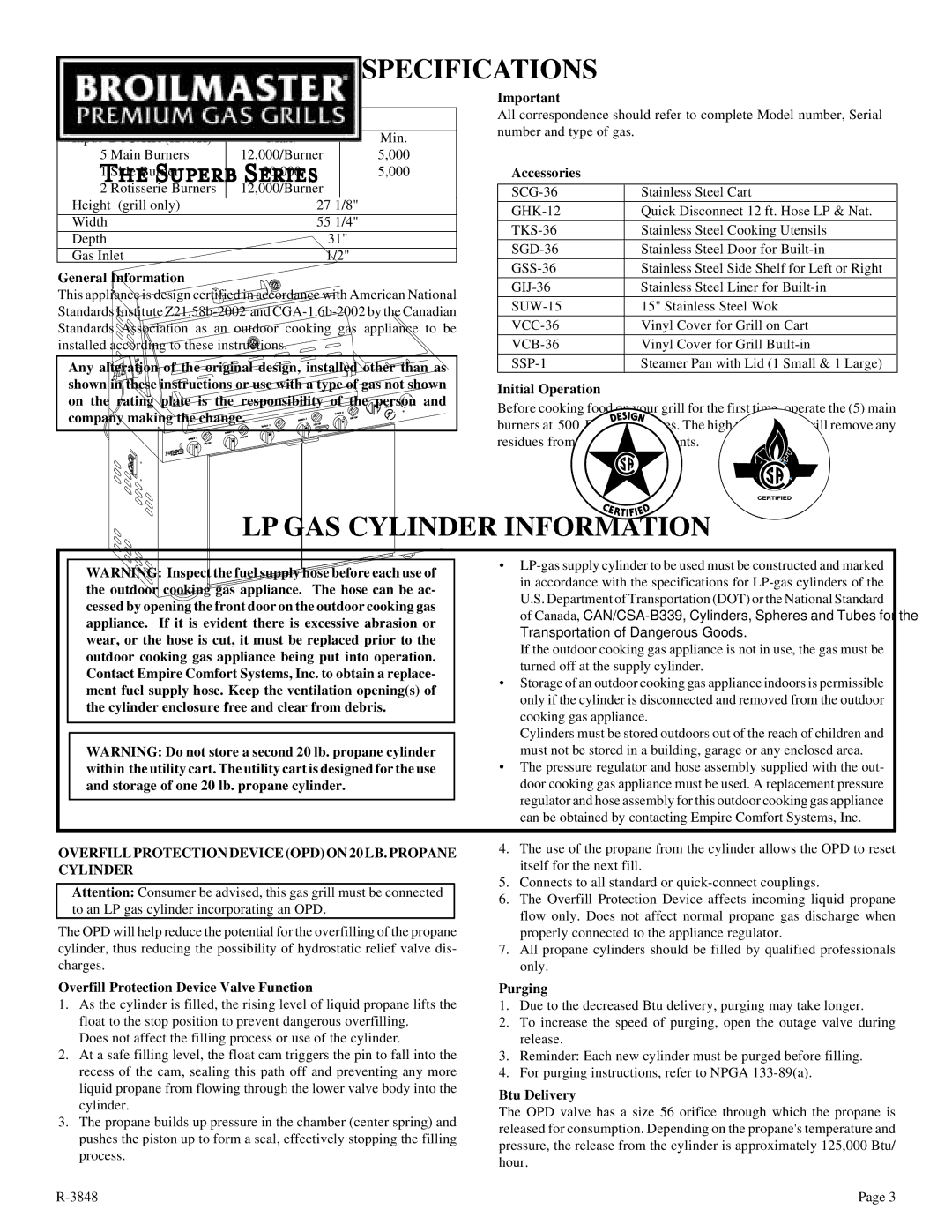 Broilmaster SSG-36 Specifications, LP GAS Cylinder Information, Overfill Protection Device OPD on 20 LB. Propane Cylinder 