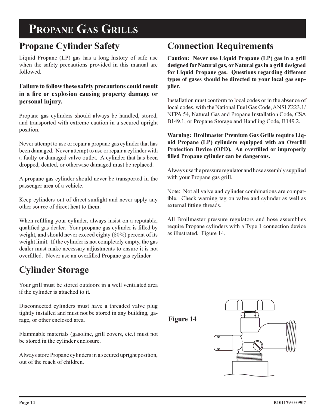 Broilmaster T3CAN, T3CFN owner manual Propane Cylinder Safety, Cylinder Storage, Connection Requirements 