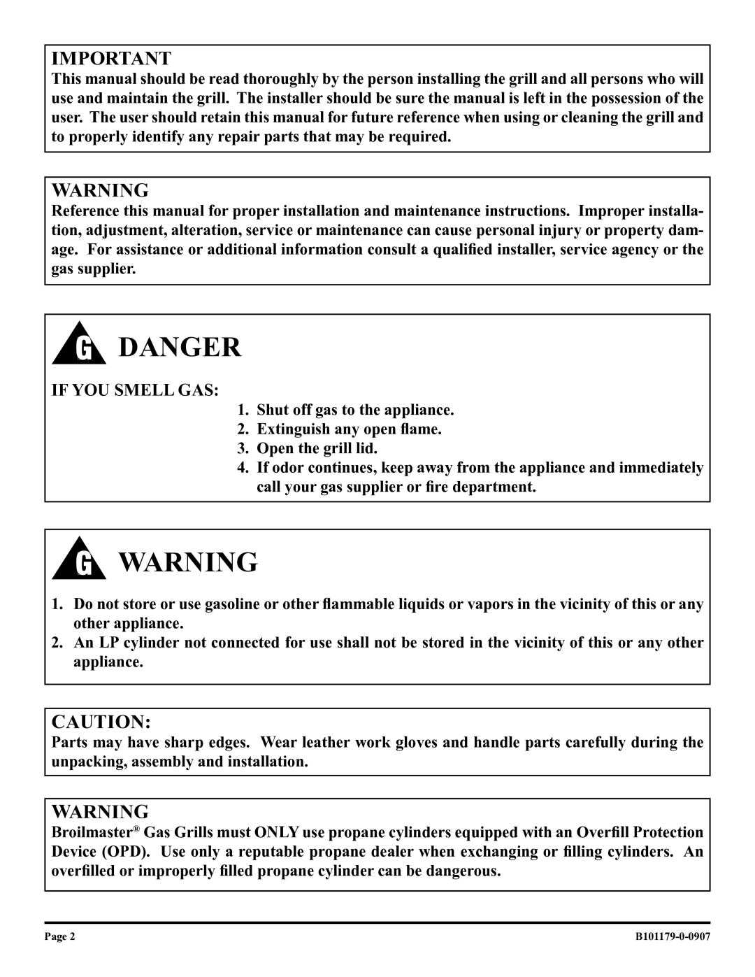 Broilmaster T3CAN, T3CFN owner manual If YOU Smell GAS 