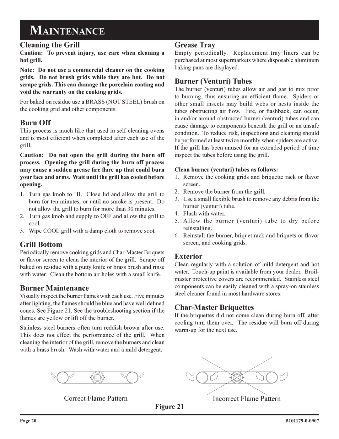 Broilmaster T3CAN, T3CFN owner manual Maintenance, Burn Off 