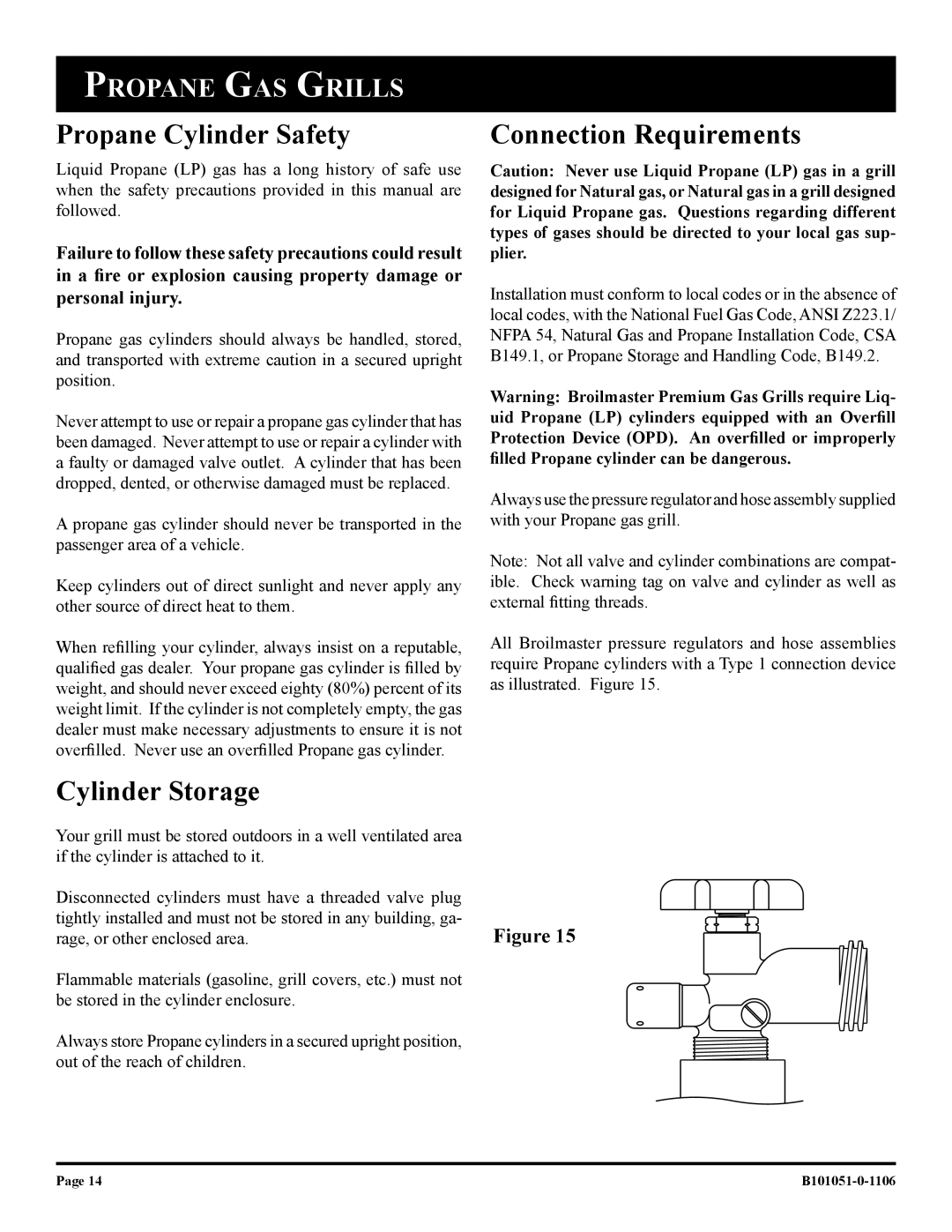 Broilmaster T3N-1 T3C-1, T3CFN-1, T3CN-1 T3CF-1, T3-1 Propane Cylinder Safety, Cylinder Storage, Connection Requirements 