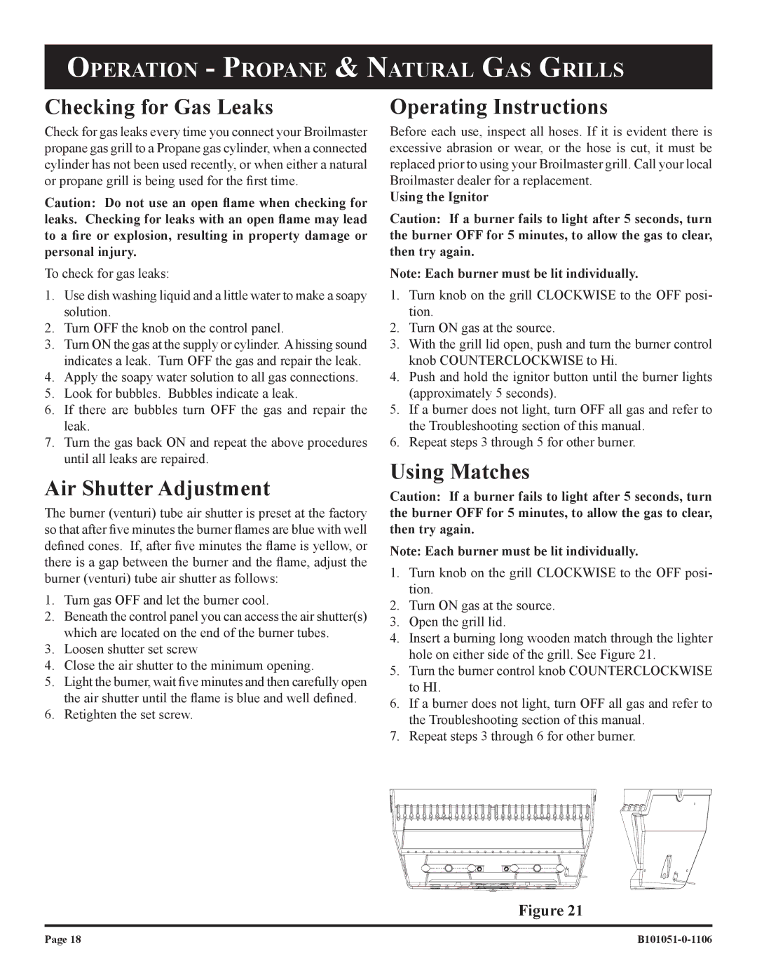 Broilmaster T3N-1 T3C-1, T3CFN-1 Checking for Gas Leaks, Air Shutter Adjustment, Operating Instructions, Using Matches 