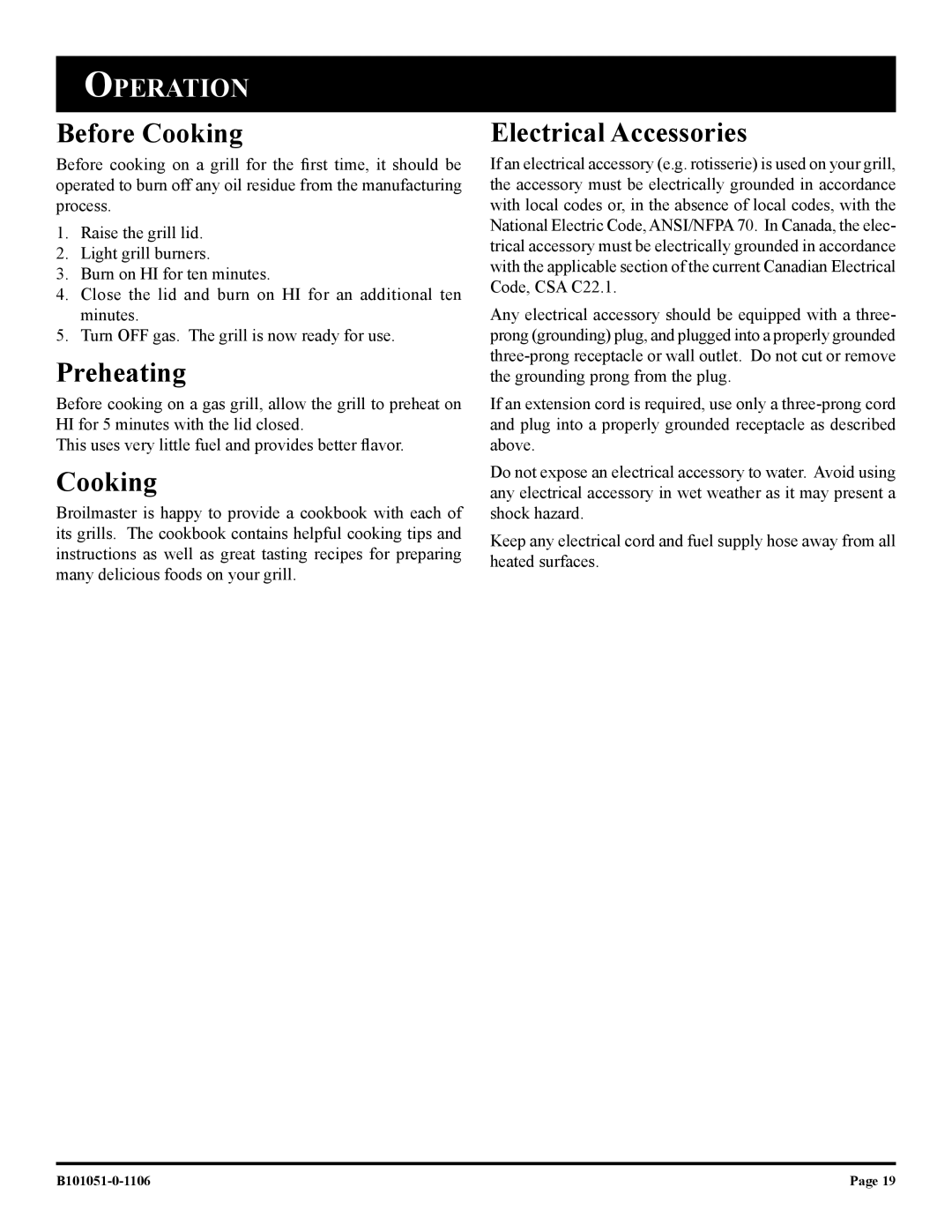 Broilmaster T3-1, T3CFN-1, T3CN-1 T3CF-1, T3N-1 T3C-1 Before Cooking, Preheating, Electrical Accessories, Operation 