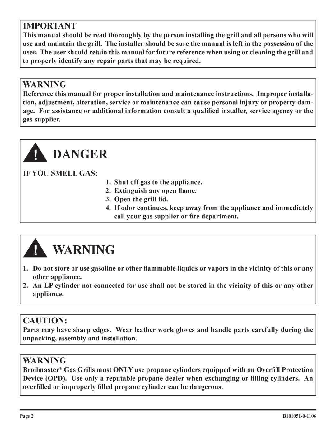 Broilmaster T3N-1 T3C-1, T3CFN-1, T3CN-1 T3CF-1, T3-1 owner manual If YOU Smell GAS 