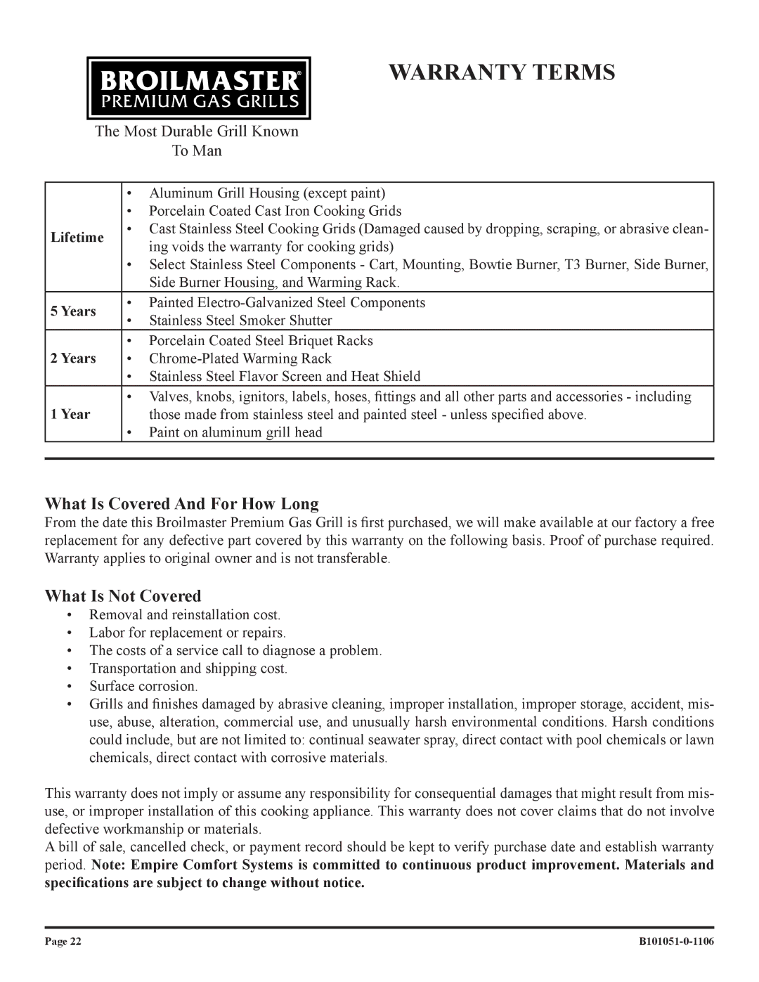 Broilmaster T3N-1 T3C-1, T3CFN-1, T3CN-1 T3CF-1, T3-1 owner manual Warranty Terms 