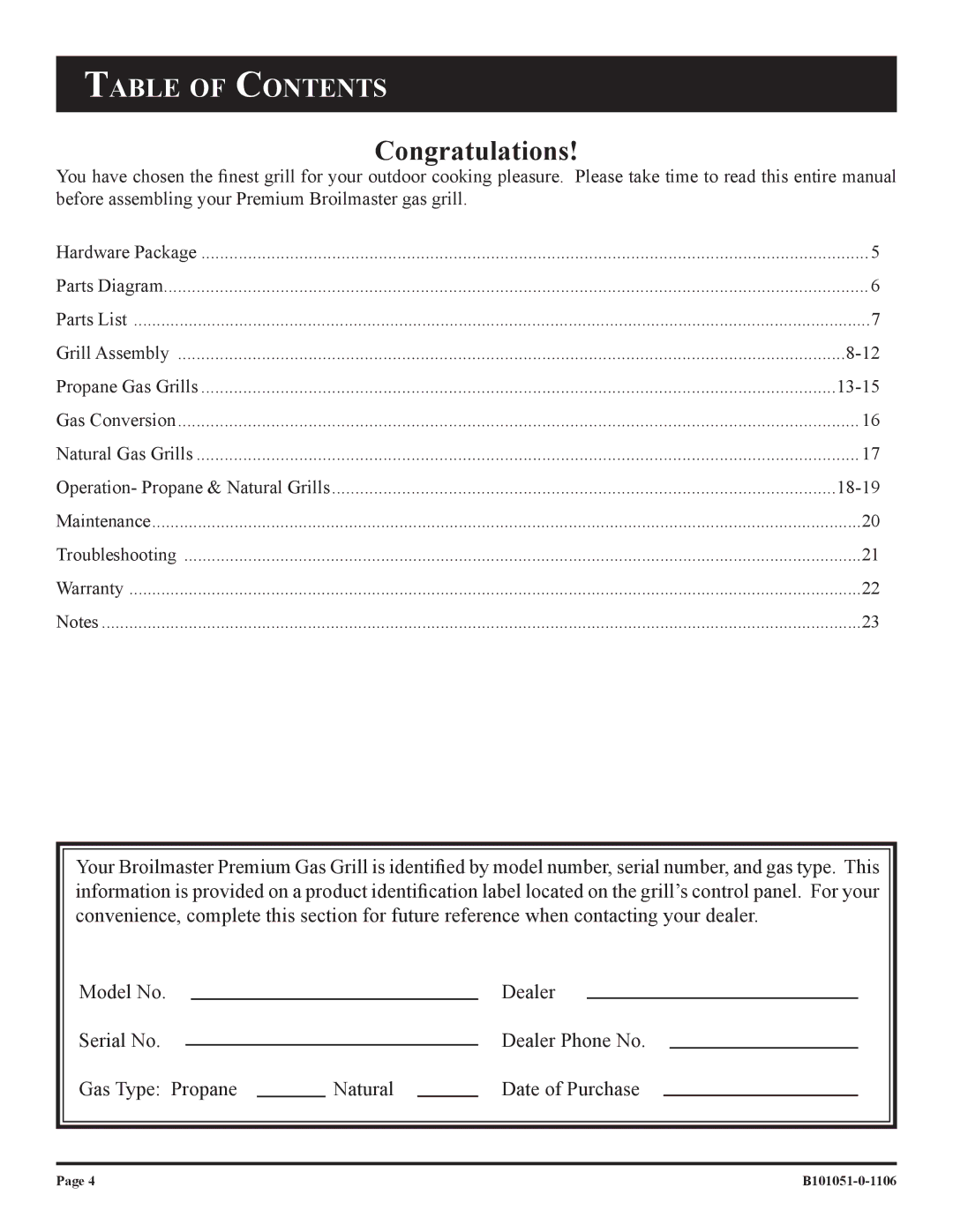 Broilmaster T3CFN-1, T3CN-1 T3CF-1, T3N-1 T3C-1, T3-1 owner manual Congratulations, Table of Contents 