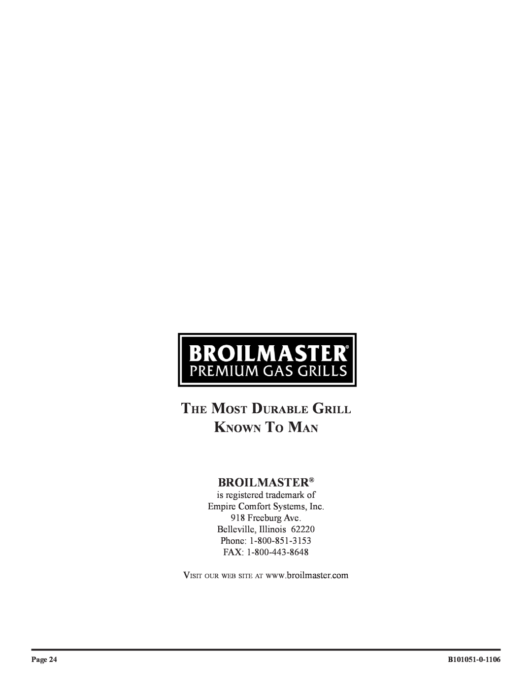Broilmaster T3CFN-1, T3CN-1 T3CF-1, T3N-1 T3C-1, T3-1 Broilmaster, The Most Durable Grill Known To Man, Page, B101051-0-1106 