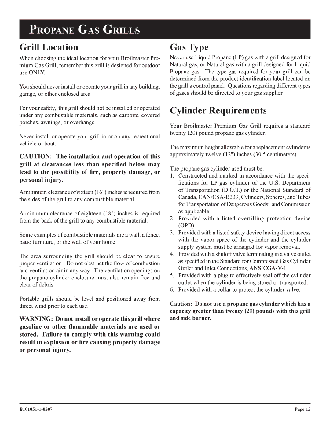 Broilmaster T3CF-1, T3CN-1, T3N-1, T3C-1 owner manual Grill Location, Gas Type, Cylinder Requirements, Propane GAS Grills 