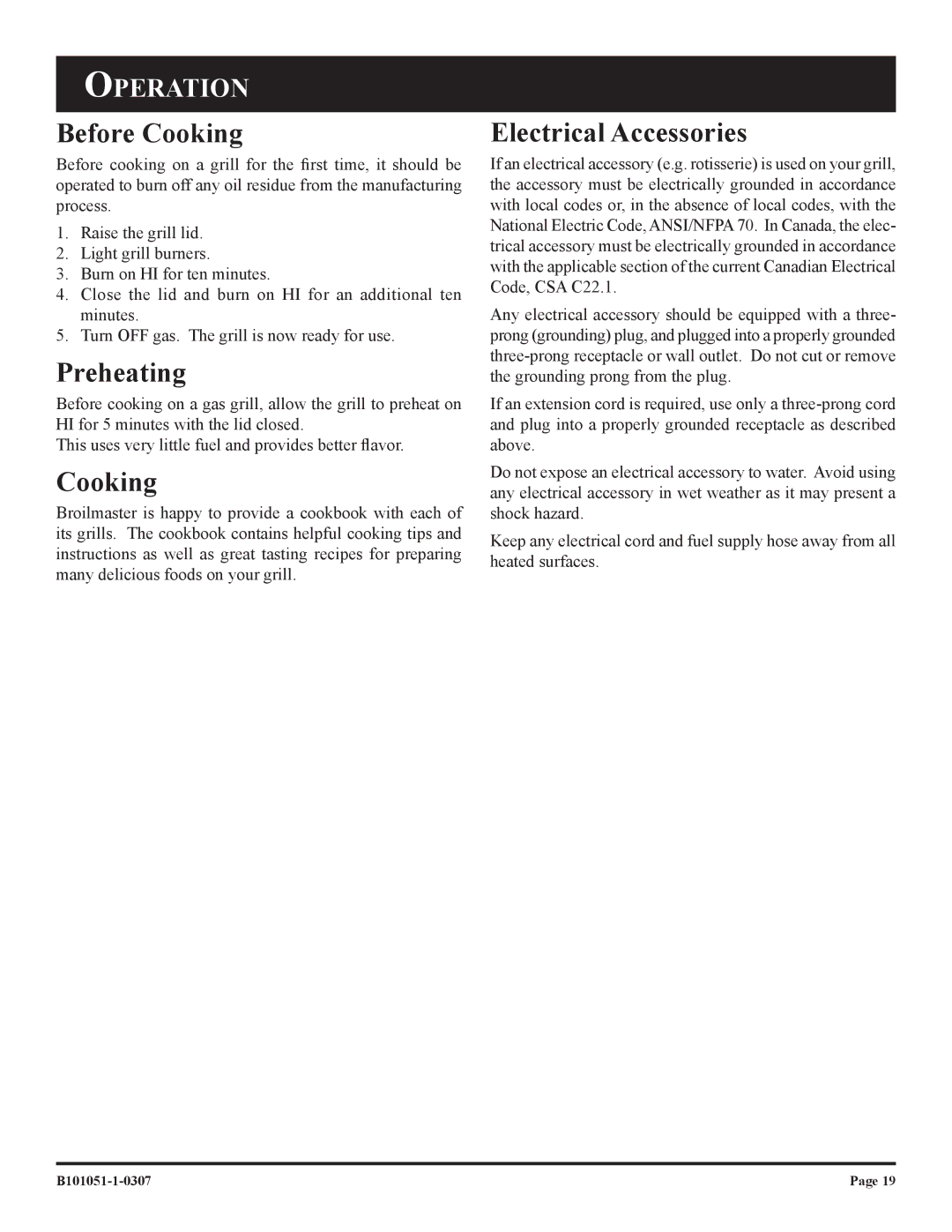 Broilmaster T3C-1, T3CN-1, T3CF-1, T3N-1 owner manual Before Cooking, Preheating, Electrical Accessories, Operation 