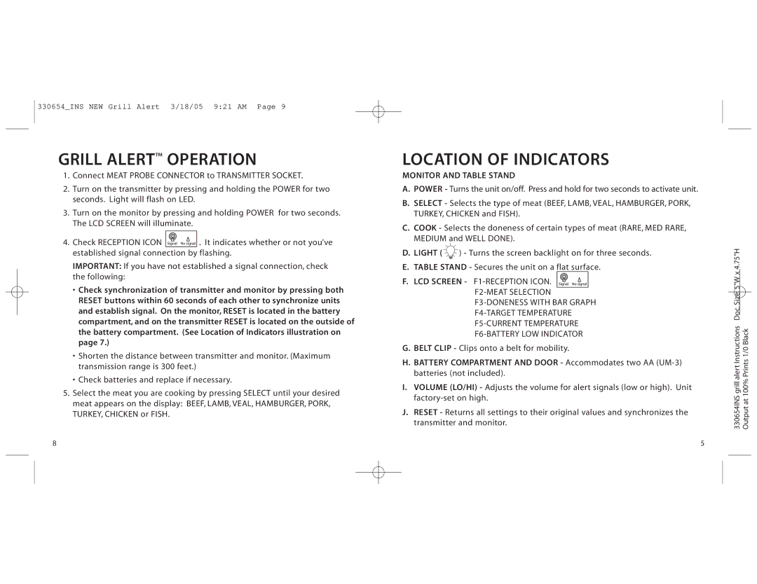 Brookstone 330654INS manual Grill Alert Operation, Location of Indicators, Monitor and Table Stand 