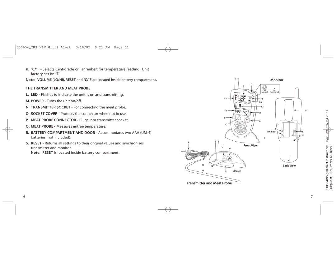 Brookstone 330654INS manual Transmitter and Meat Probe 