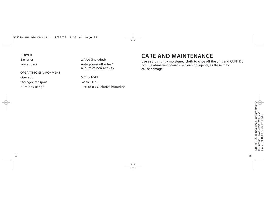 Brookstone 516328 manual Care and Maintenance, Power, Operating Environment 