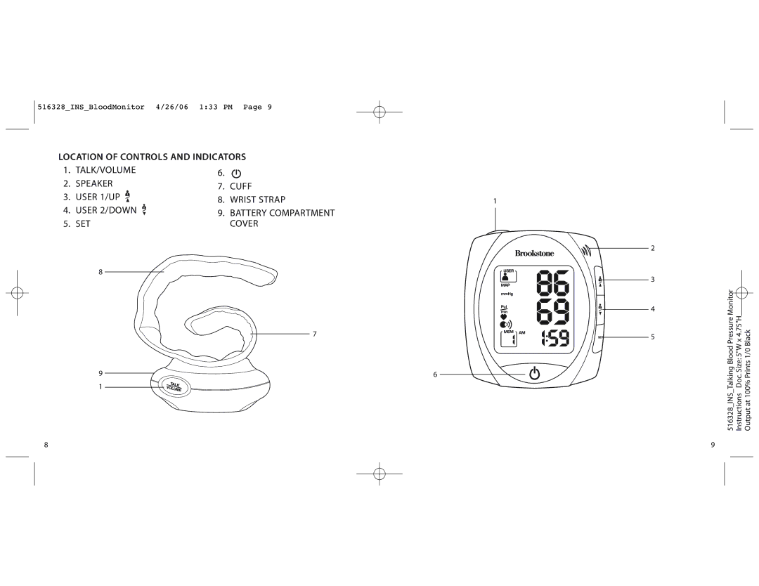 Brookstone 516328 manual Location of Controls and Indicators TALK/VOLUME Speaker, User 2/DOWN 