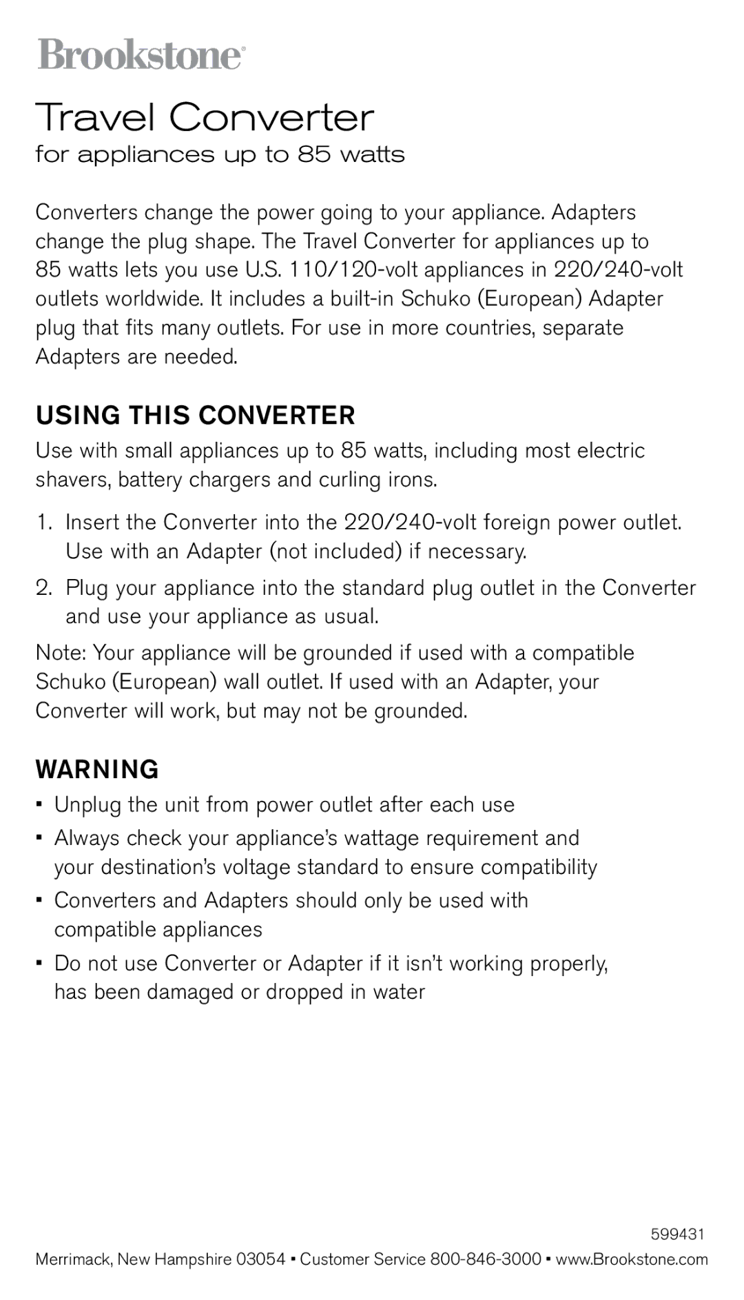 Brookstone 599431 manual Travel Converter, Using this converter, For appliances up to 85 watts 