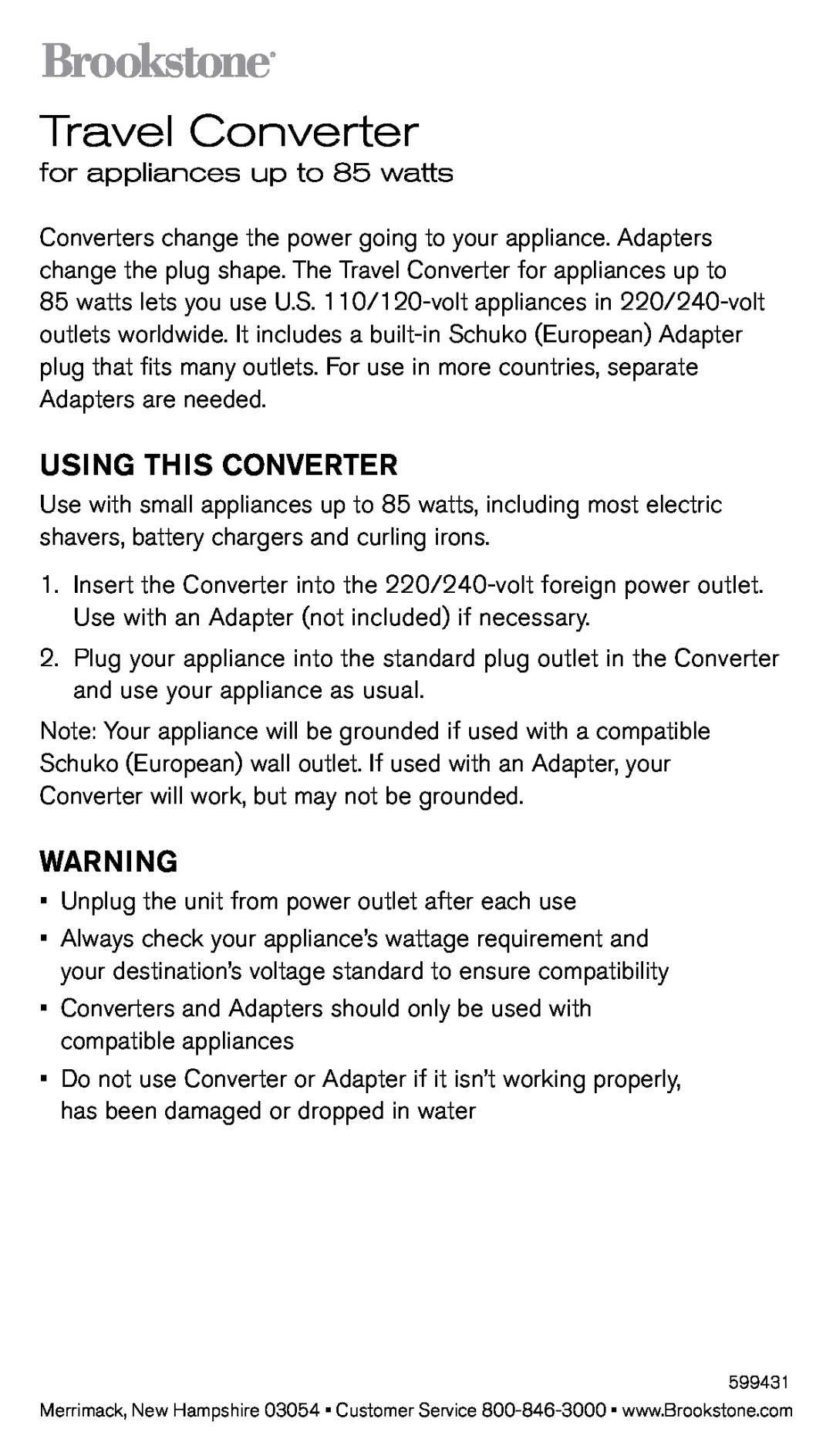 Brookstone 599431 manual Travel Converter, Using this converter, for appliances up to 85 watts 